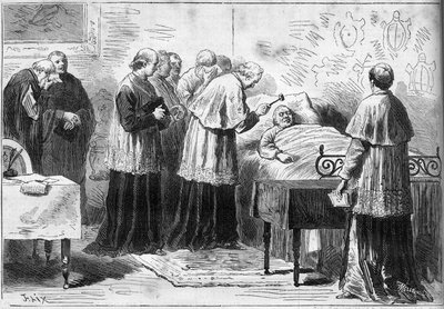 Dezenas do Papa Pio IX (Pio) (1792-1878): ritual de reconhecimento da morte do Papa. Um cardeal bate na testa do defunto com um martelo de prata. Gravura no "Le Monde Illustré" n°1089 de 16 de Fevereiro de 1878. de French School