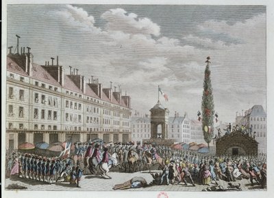 Declaração da Constituição, Place des Innocents, Paris, setembro de 1791, 1791 (gravura a cores) de French School