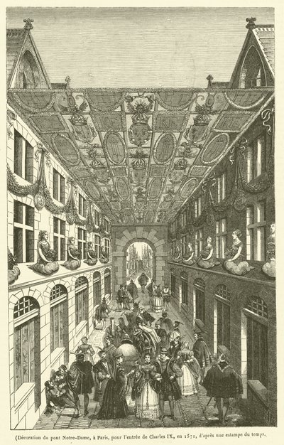 Decoração da Ponte de Notre-Dame em Paris para a entrada de Carlos IX em 1571 (gravura) de French School