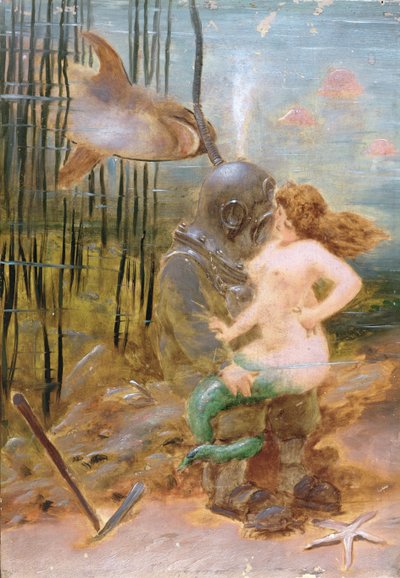 Mergulhador do mar profundo com uma sereia e um tubarão de French School
