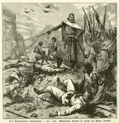 Derrota dos italianos na Batalha de Amba Alagi, Primeira Guerra Ítalo-Etiópia (gravura) de French School