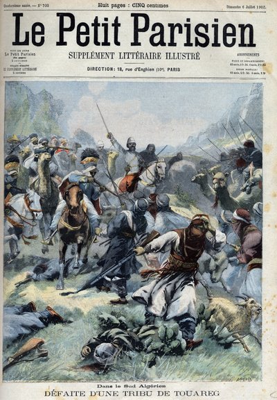Derrotou uma tribo tuaregue contra os franceses no sul da Argélia, em "Le petit Parisien". de French School