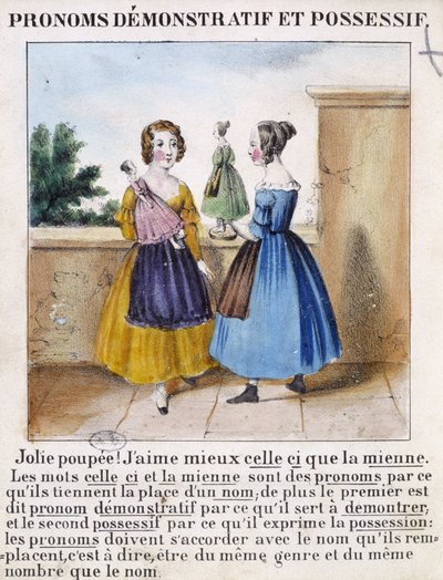 Pronomes demonstrativos e possessivos (2 meninas brincando com bonecas) - em "La grammaire en images" (A gramática em imagens) de French School