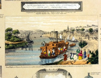 Denis Papin (1647-1712) vendo seu navio a vapor destruído pelos barqueiros de Muenden em 1707 de French School