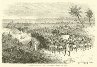 Partida dos Capitães Speke e Grant e sua caravana (gravura) de French School