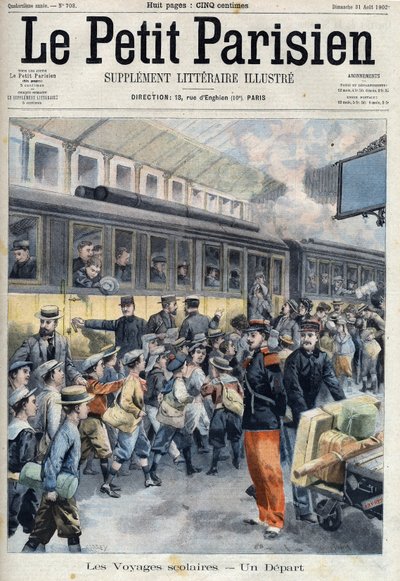 Partiu na estação em uma viagem escolar. As crianças entram no comboio, em "Le petit Parisien". de French School