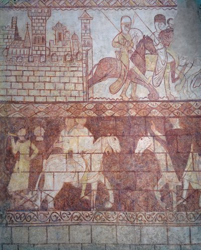 Partida dos cavaleiros templários cruzados em 1163 do castelo sírio de Krak des Chevaliers para a batalha de Boquée de French School