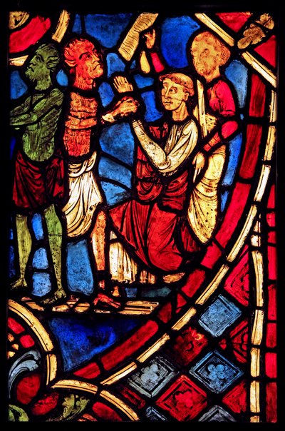 Representar Teófilo faz um pacto com um demônio; da igreja de Varennes-Jarcy (originalmente da Abadia de Gercy) de French School