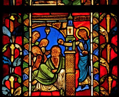 Retratando uma cena da vida de São Nicolau, ex Catedral de Troyes: o santo deixa dinheiro para um homem, impedindo assim que suas filhas entrem na prostituição de French School