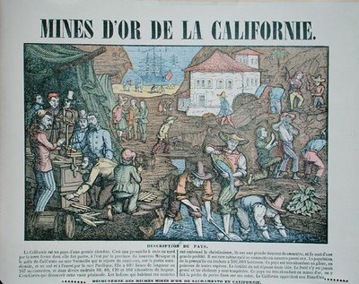 Representação das minas de ouro californianas, meados do século XIX (gravura colorida) de French School