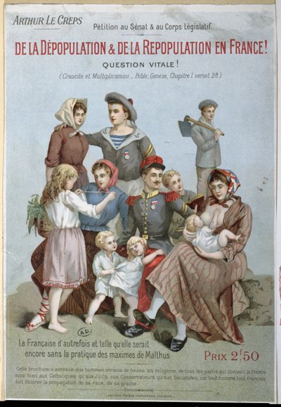 Despovoamento e repovoamento na França, brochura de Arthur Le Creps contra o Malthusianism, 1895 (gravura colorida) de French School