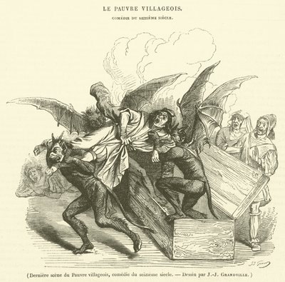 Última cena do Pobre aldeão, comédia do século XVI (gravura) de French School