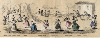 Descrição dos passatempos e jogos infantis: jogos de meninas, jogo de quatro cantos, saltar à corda, correr para a baliza, aro e volante. Placa "les jeux de l