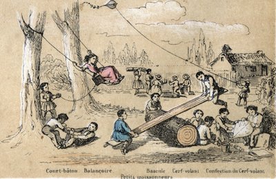 Descrição das actividades de lazer e jogos infantis: jogos ao ar livre, pau curto, baloiço, baloiço (batida de rabo) e fazer um papagaio (papagaio voador). Placa "les jeux de l