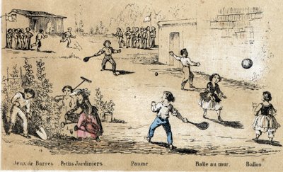 Descrição do lazer e dos jogos infantis: jogos de bola (bola para a parede, jogo de palma) e jardinagem. Placa "les jeux de l