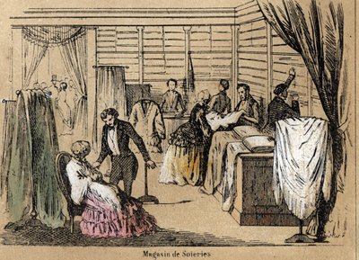 Descrição da cultura e dos produtos de seda: uma loja de seda. Placa "la soie" em "les Recreations instructives" Pintura sinóptica de Jules DELBRUCK, gravada a partir de 1860. Colecção privada. de French School