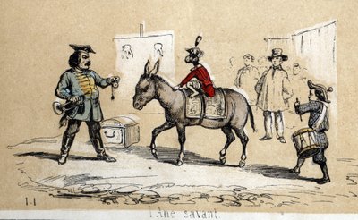 Descrição dos diferentes produtos e usos do burro: o burro aprendido é usado por artistas de circo. Placa "O burro e seus produtos" em "Les Recreations instructives" Pintura sinóptica de Jules DELBRUCK, gravada a partir de 1860. Coleção particular. de French School