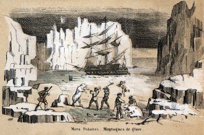 Descrição dos diferentes tipos de paisagens e relevos de acordo com a geografia: detalhe representando uma paisagem árctica com ursos polares, icebergs. Placa "Geografia Física" em "les Recreations instructives" Pintura sinóptica de Jules DELBRUCK, pt de French School