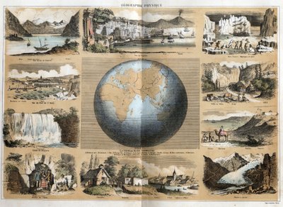 Descrição dos diferentes tipos de paisagens e relevos dependendo da geografia: no centro da Terra ou globo terrestre com indicações dos mares e oceanos, continentes, ilhas, cordilheiras de montanhas, dourados, bonés, detroits e istmos. Vista do Lago de Gen de French School
