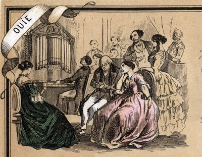Descrição dos cinco sentidos: detalhe da audição, um concerto de música durante uma noite social. Placa "Les cinq sens" em "les Recreations instructives" Pintura sinóptica de Jules Delbruck, gravada a partir de 1860. Coleção particular. de French School