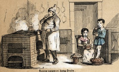 Descrição dos cinco sentidos: detalhe do paladar, um cozinheiro saboreia o seu molho e as crianças crocante na fruta. Placa "Les cinq sens" em "les Recreations instructives" Pintura sinóptica de Jules Delbruck, gravada a partir de 1860. Colecção privada. de French School