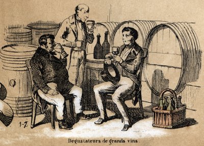 Descrição dos cinco sentidos: o detalhe do paladar, os provadores de vinhos finos nos copos de paladar de developpe em uma adega. Placa "Les cinq sens" em "les Recreations instructives" Pintura sinóptica de Jules Delbruck, gravada a partir de 1860. Pri de French School