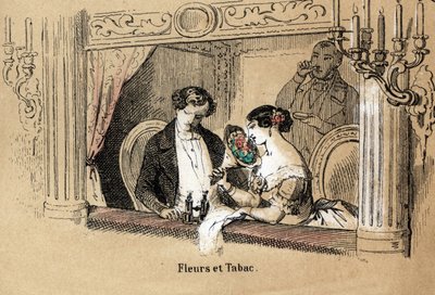 Descrição dos cinco sentidos: olfacto, espectadores num hotel de ópera, banhados pelo perfume de flores e tabaco. Placa "Les cinq sens" em "les Recreations instructives" Pintura sinóptica de Jules Delbruck, gravada a partir de 1860. Coleção privada de French School