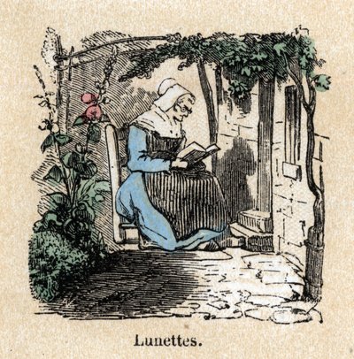 Descrição das várias etapas de fabricação e usos do vidro: uso de vidros. Placa "Vidro e seus produtos" em "Les Recreations instructives" Pintura sinóptica de Jules DELBRUCK, gravura a partir de 1860. Coleção particular. de French School