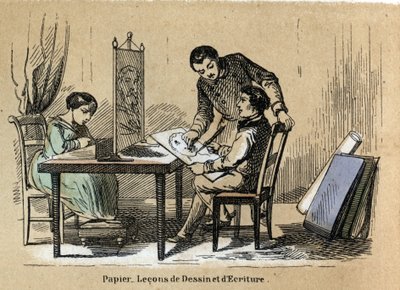 Descrição dos vários produtos e usos do papel: um tribunal de desenho e escrita. Placa "Le papier et ses produits" em "les Recreations instructives" Pintura sinóptica de Jules Delbruck, gravada a partir de 1860. Colecção privada. de French School