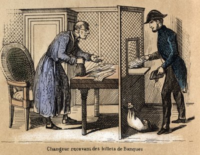 Descrição dos vários produtos e utilizações do papel: uma transacção no banco, um banqueiro recebe notas de papel. Placa "Le papier et ses produits" em "les Recreations instructives" Pintura sinóptica de Jules Delbruck, gravada a partir de 1860. Priva de French School