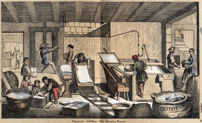 Descrição dos vários produtos e usos do papel: actividades em papelaria, fabricação de papel a partir de trapos, pasta, formas e prensas. Placa "Le papier et ses produits" em "les Recreations instructives" Pintura sinóptica de Jules Delbruck, gravura de fr de French School