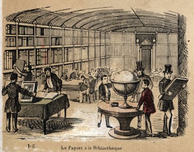 Descrição dos vários produtos e usos do papel: vista de uma biblioteca contendo obras em papel. Placa "Le papier et ses produits" em "les Recreations instructives" Pintura sinóptica de Jules Delbruck, gravada a partir de 1860. Colecção privada. de French School