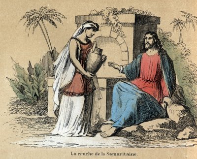 Descrição das várias etapas de fabricação e usos do barro: Jesus e Samaritano carregando um jarro de barro na Bíblia. Placa "O barro e seus produtos" em "Les Recreations instructives" Pintura sinóptica de Jules DELBRUCK, gravada a partir de 1860. Particula de French School