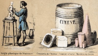 Descrição das várias fases de fabrico e utilizações da argila: um escultor que molda a argila e utiliza a argila para moldes de cimento e terra. Placa "A argila e os seus produtos" em "Les Recreations instructives" Pintura sinóptica de Jules DELBRUCK, grav de French School