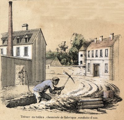 Descrição das várias fases de fabrico e utilizações da argila: canteiro de obras do edifício, telhados de telhas, condutas de água e chaminé de fábrica. Placa "A argila e os seus produtos" em "Les Recreations instructives" Pintura sinóptica de Jules DELBRU de French School