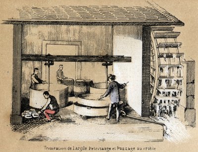 Descrição das várias fases de fabrico e utilizações da argila: trituração, descasque e crivagem da argila. Placa "A argila e seus produtos" em "Les Recreations instructives" Pintura sinóptica de Jules DELBRUCK, gravura a partir de 1860. Colecção privada de French School