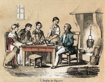Descrição das várias fases de fabrico e usos do barro: o uso do barro nos estagiários pobres, uma família reunida à mesa comendo em pratos de barro de qualidade medíocre. Placa "A argila e seus produtos" em "Les Recreations instructives" Syno de French School
