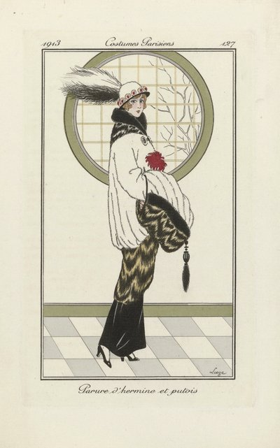 Desenho de um conjunto de arminho e gato-do-mato, de Costumes Parisien, pub.1913 (impressão em pochoir) de French School