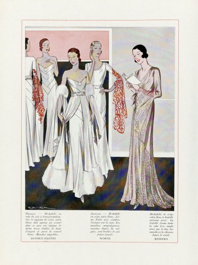 Design para vestidos de noite por Depouy-Magnin, Worth e Redfern, pub. Litografia colorida de 1931. de French School