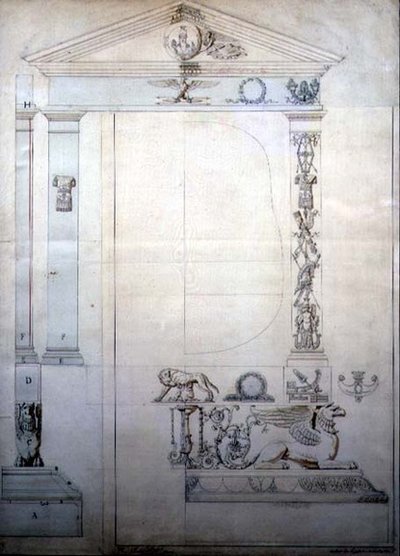 Design para um espelho Cheval, c.1815 (caneta e tinta e aguarela sobre papel) de French School
