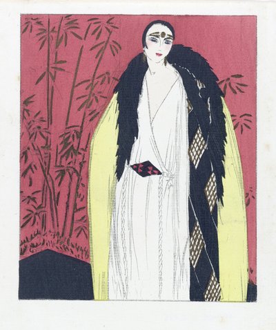 Desenho de um vestido de noite com capa de peles, pub. 1924 (estampa de pochoir) de French School