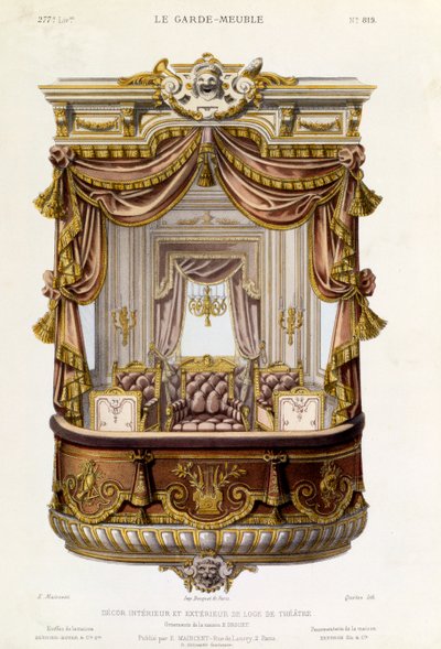 Design para o interior e exterior de uma caixa de teatro, ilustração da revista Le Garde-Meuble, c.1860 de French School