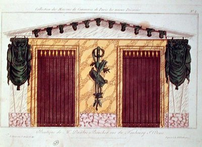 Design para a fachada de um talho, a partir de uma série que retrata os edifícios comerciais mais bem decorados de Paris, c.1810 (cor litho) de French School
