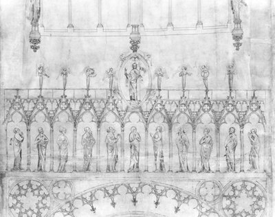 Projeto para a galeria de reis na fachada da Catedral de Estrasburgo, c.1380 (caneta e tinta e guache sobre papel) (detalhe) (ver 207686) de French School