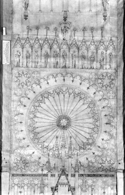 Design para a rosácea e galeria de reis na fachada da Catedral de Estrasburgo, c.1380 (caneta e tinta e guache sobre papel) (ver detalhe 207685) de French School