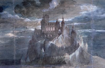 Design para a cortina de palco para uma performance de Hamlet na Comédie Française, 1884 (caneta e tinta e wc no papel) de French School