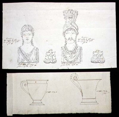 Desenhos para suportes de móveis de bronze dourado ormolu e copos de porcelana do Império Francês, c.1820 (caneta e tinta sobre papel) de French School
