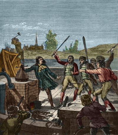 Destruição do barco a vapor de Papin - Denis Papin (1647-1712) vendo o seu barco a vapor destruído pelos barqueiros de Muenden em 1707 - Les Bateliers de Munden esmagar o barco a vapor de Denis Papin (1647-1712) - Gravura em "Ciências ao alcance de todos - de French School