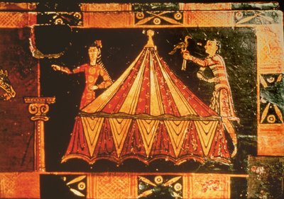 Detalhe de um baú de casamento representando duas figuras por uma tenda (pergaminho pintado sobre madeira) de French School
