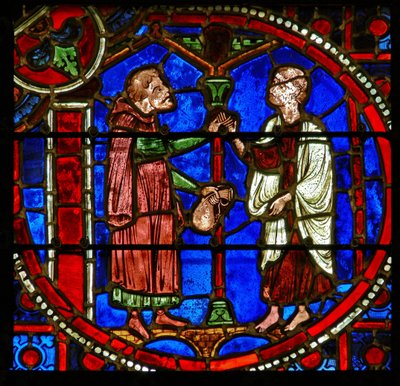 Detalhe de uma janela representando cenas do milagre de Teófilo de French School